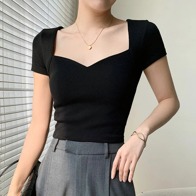 Square Neck Rib Crop T-shirt Summer Short Sleeve Crop Top Color Short Tops Basic Black Tee Shirt