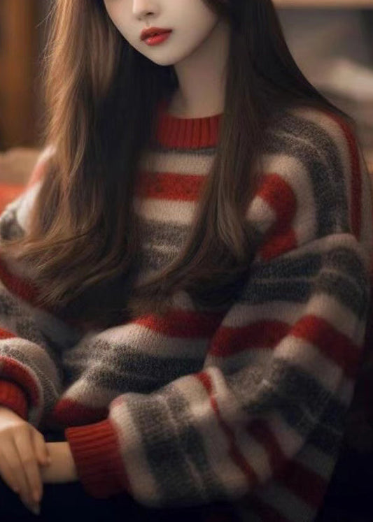 Striped O Neck Cozy Thick Knit Sweater Winter Wx006