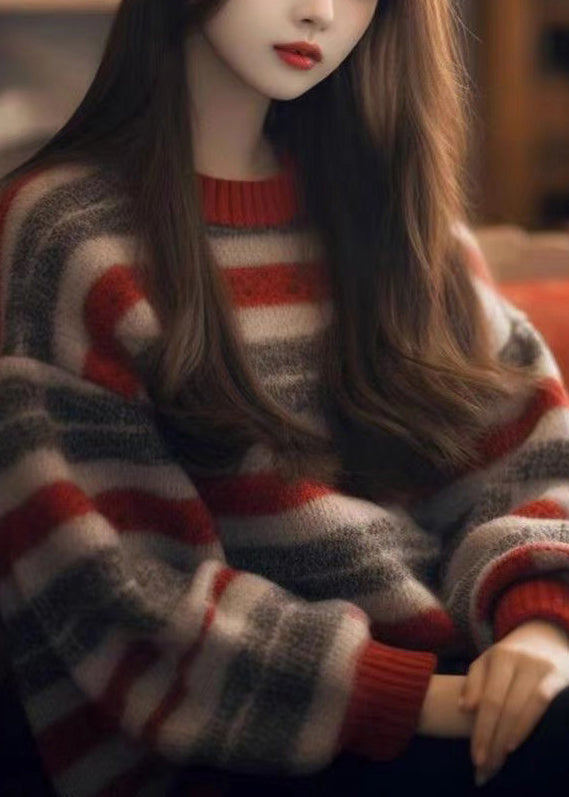 Striped O Neck Cozy Thick Knit Sweater Winter Wx006
