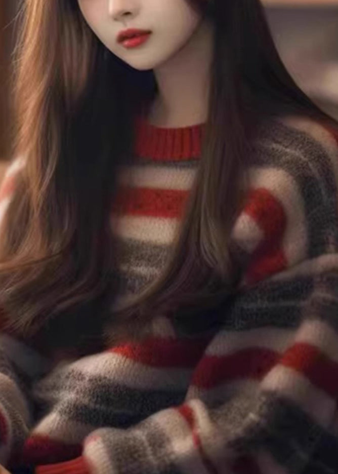 Striped O Neck Cozy Thick Knit Sweater Winter Wx006