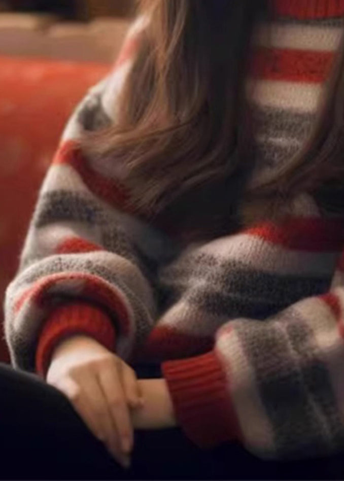 Striped O Neck Cozy Thick Knit Sweater Winter Wx006