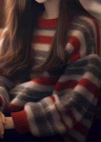 Striped O Neck Cozy Thick Knit Sweater Winter Wx006