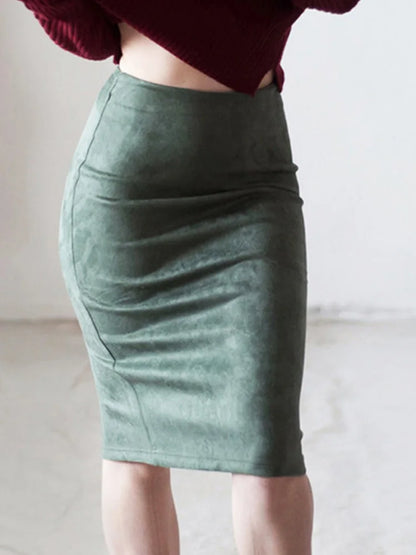 Suede Color Pencil Skirt Female Autumn Winter High Waist Bodycon Split Thick Stretchy Skirts