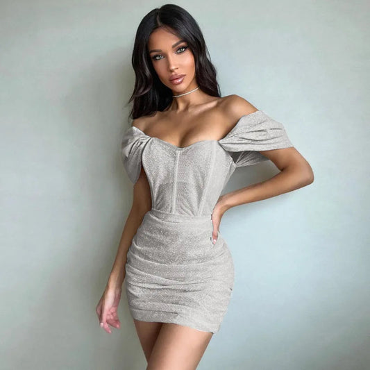 Off-shoulder Pleated Mini Dress