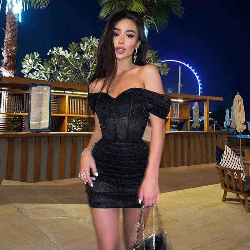 Off-shoulder Pleated Mini Dress