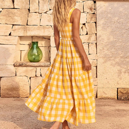 Fashionable Loose Strappy Plaid Vacation Beach Party Sleeveless Tiered Midi Dress