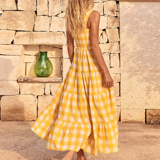Fashionable Loose Strappy Plaid Vacation Beach Party Sleeveless Tiered Midi Dress