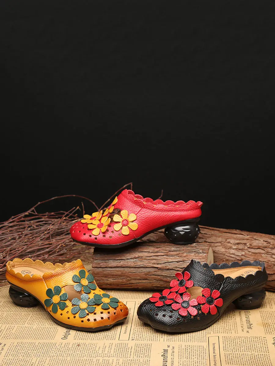 Leather Flower Spliced Slippers