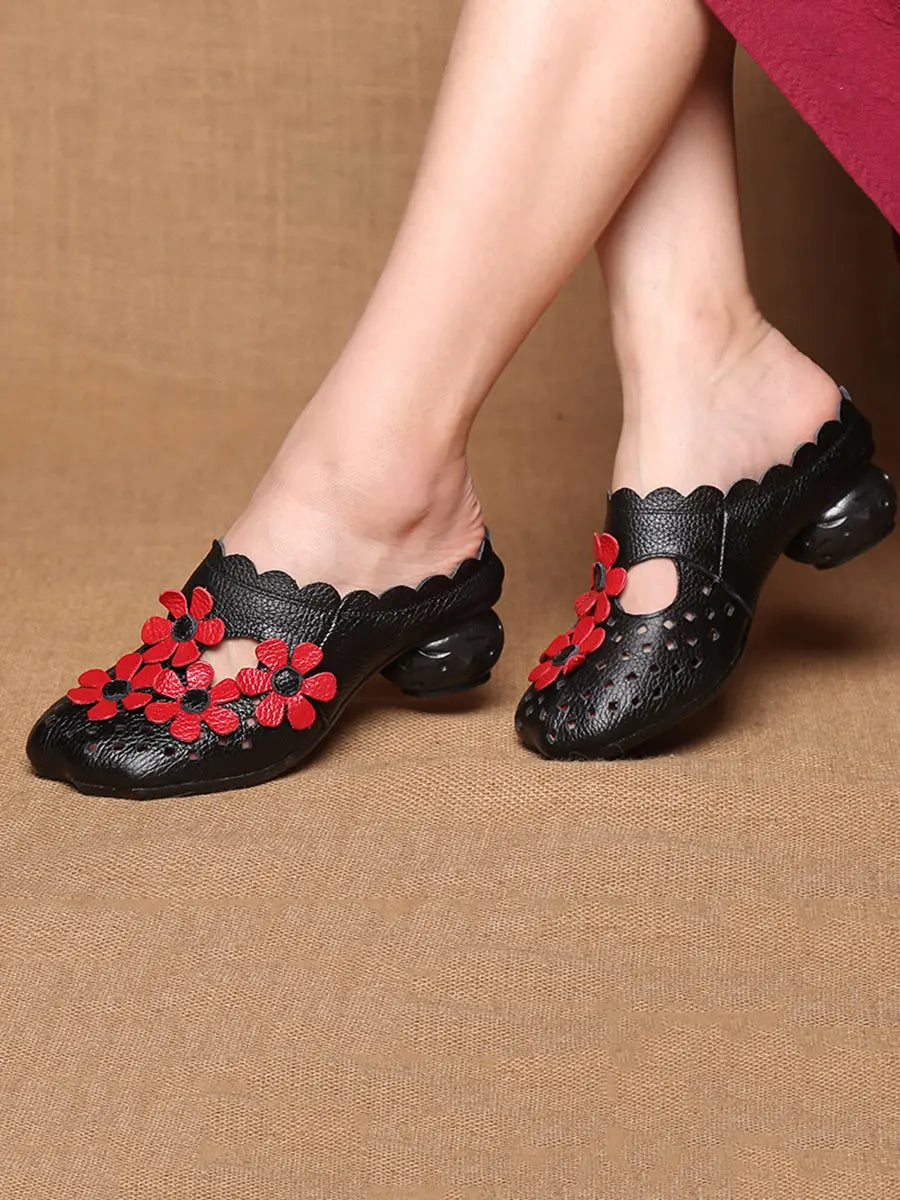 Leather Flower Spliced Slippers