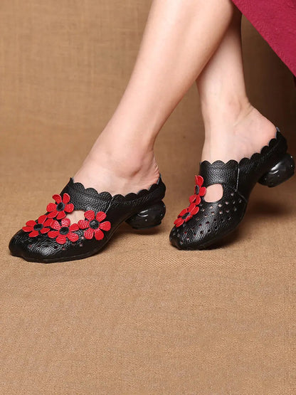 Leather Flower Spliced Slippers
