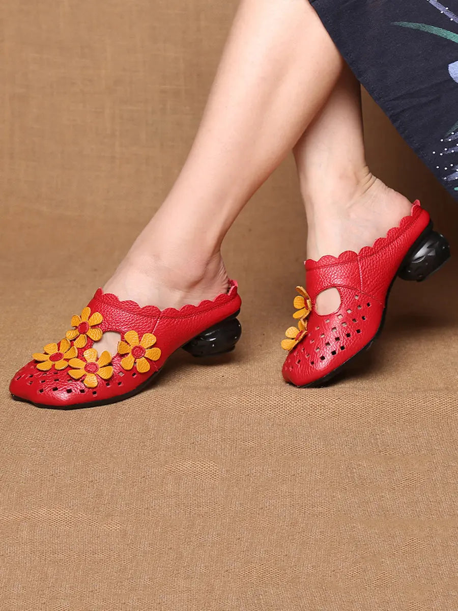 Leather Flower Spliced Slippers