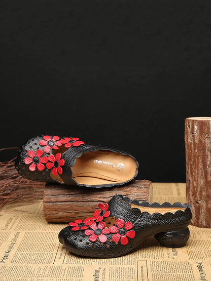 Leather Flower Spliced Slippers