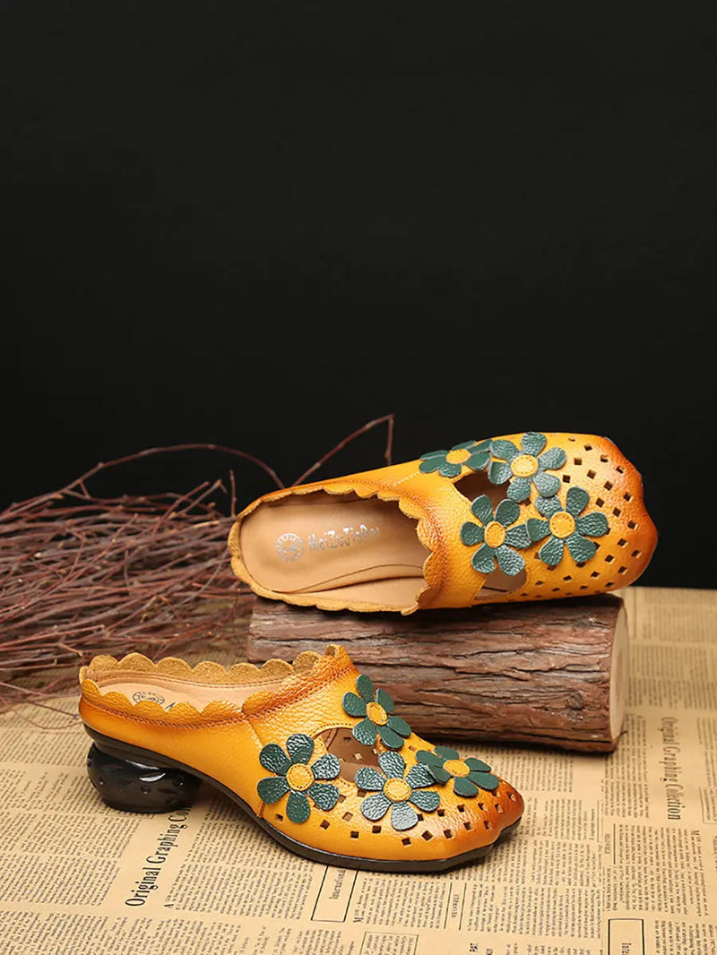 Leather Flower Spliced Slippers