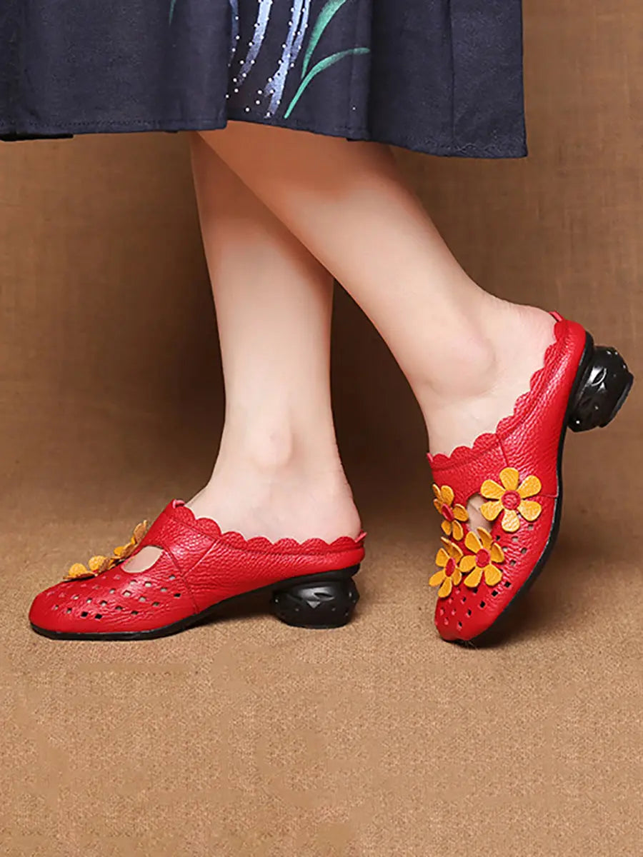Leather Flower Spliced Slippers