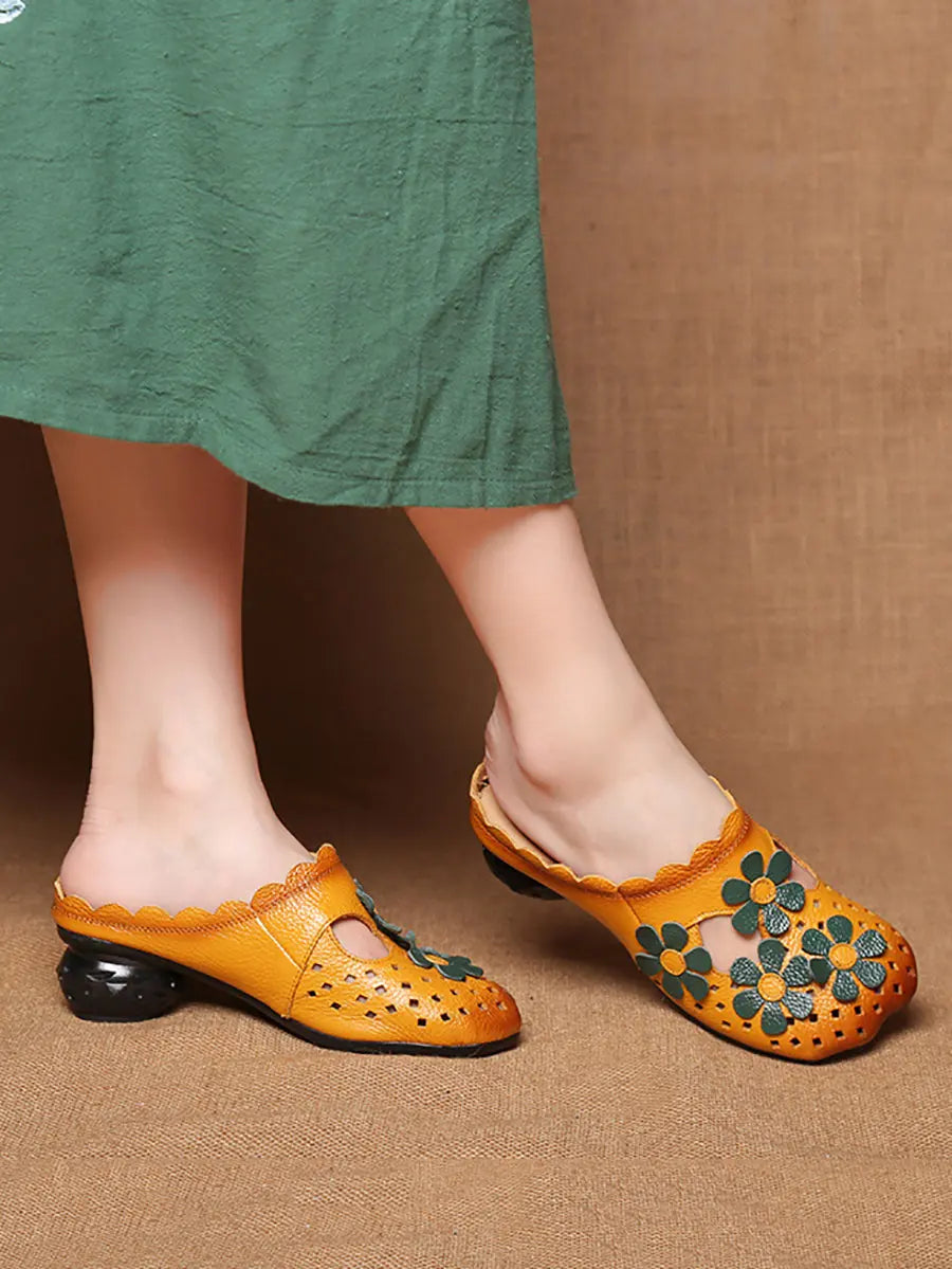 Leather Flower Spliced Slippers
