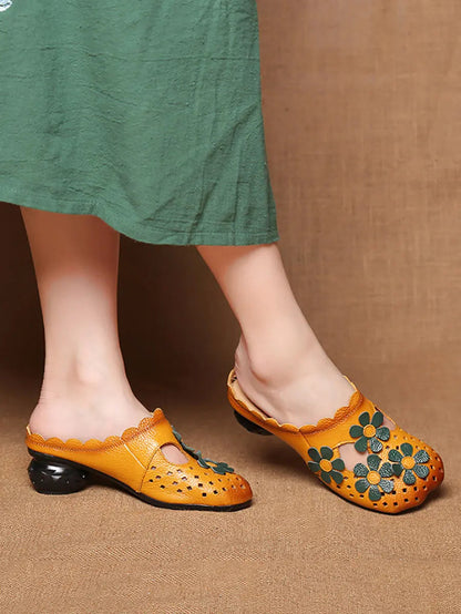 Leather Flower Spliced Slippers