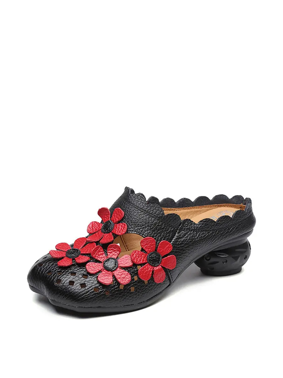 Leather Flower Spliced Slippers