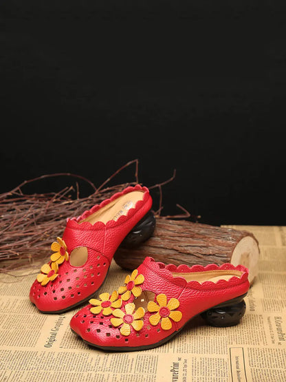 Leather Flower Spliced Slippers