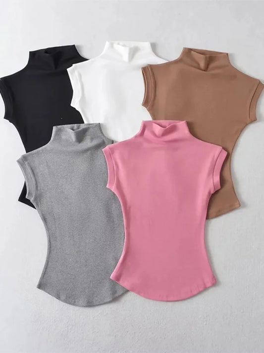 Summer Turtleneck Sleeveless T-shirts Tops Slim Fit Pullovers Causal Tees Shirts Female Basics Tees