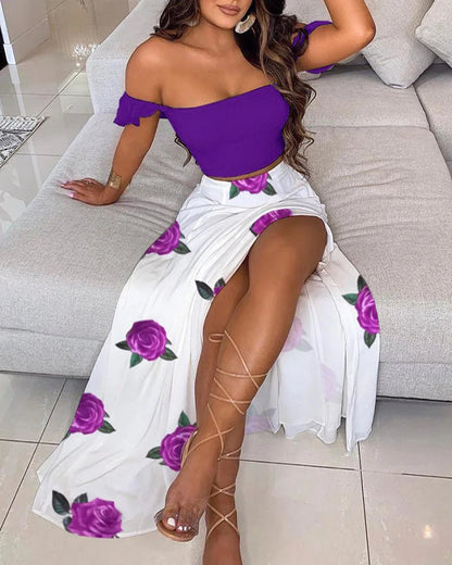 Dressbetty - Summer Print Off Shoulder Split Long Maxi Skirt