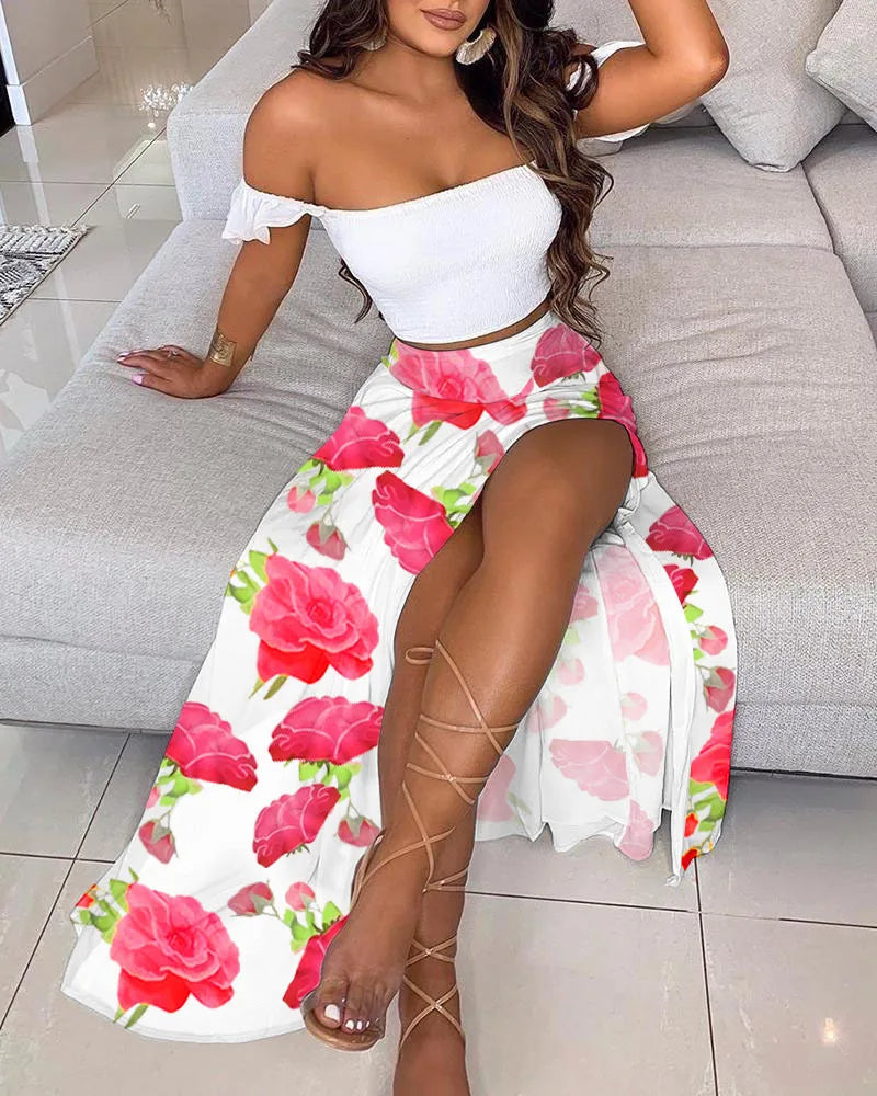 Dressbetty - Summer Print Off Shoulder Split Long Maxi Skirt