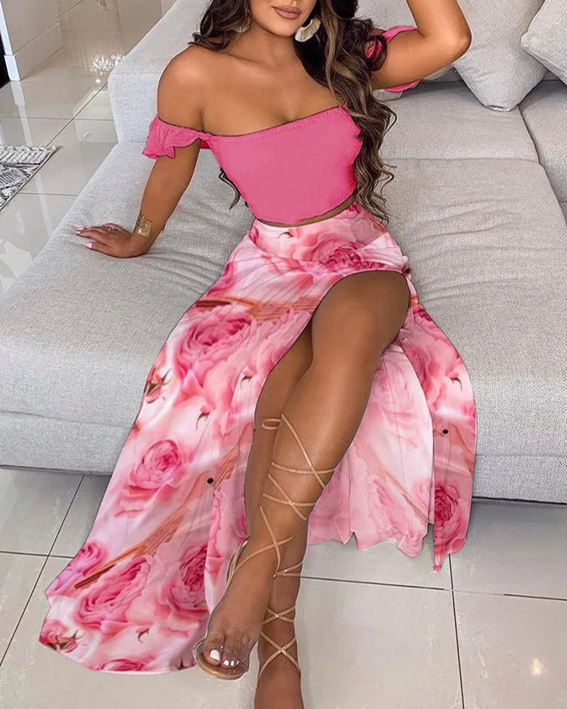Dressbetty - Summer Print Off Shoulder Split Long Maxi Skirt
