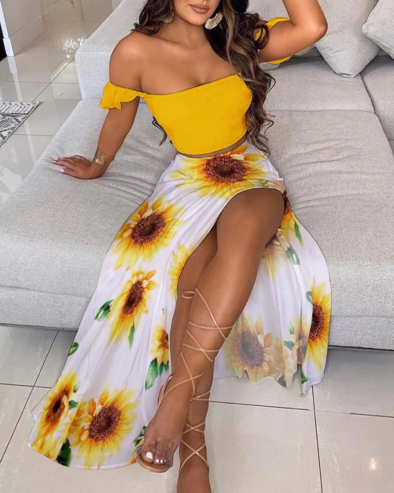 Dressbetty - Summer Print Off Shoulder Split Long Maxi Skirt