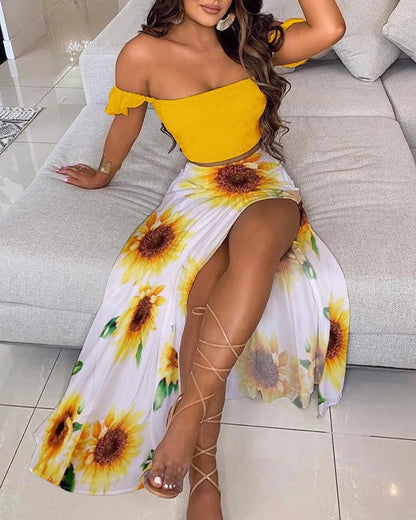 Dressbetty - Summer Print Off Shoulder Split Long Maxi Skirt