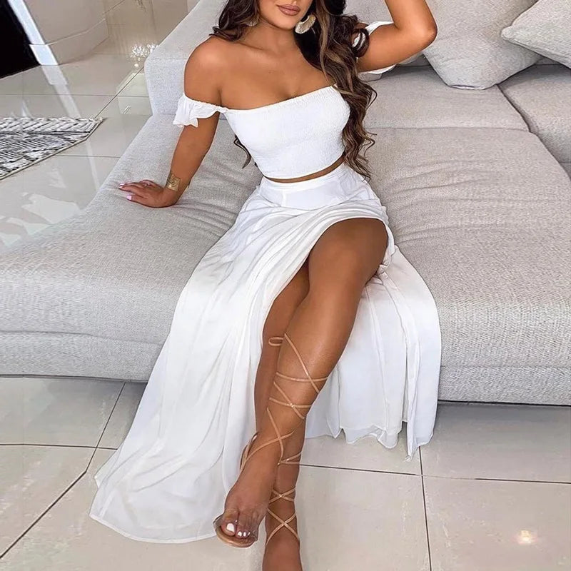 Dressbetty - Summer Print Off Shoulder Split Long Maxi Skirt
