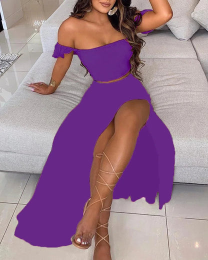 Dressbetty - Summer Print Off Shoulder Split Long Maxi Skirt