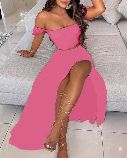 Dressbetty - Summer Print Off Shoulder Split Long Maxi Skirt