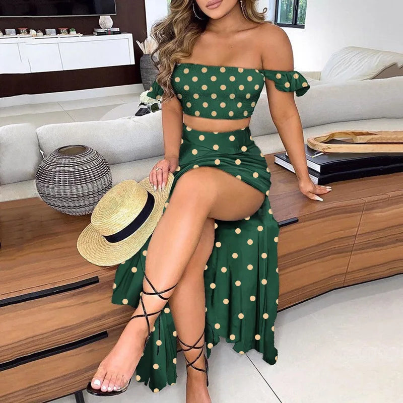 Dressbetty - Summer Print Off Shoulder Split Long Maxi Skirt