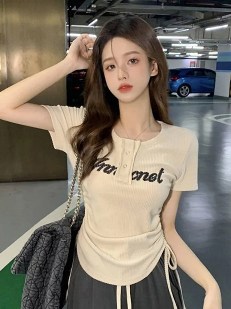 T-shirts Y2k Tops Drawstring Summer Graphic Knitting Harajuku Korean Letter Short Sleeve Aesthetic Clothing