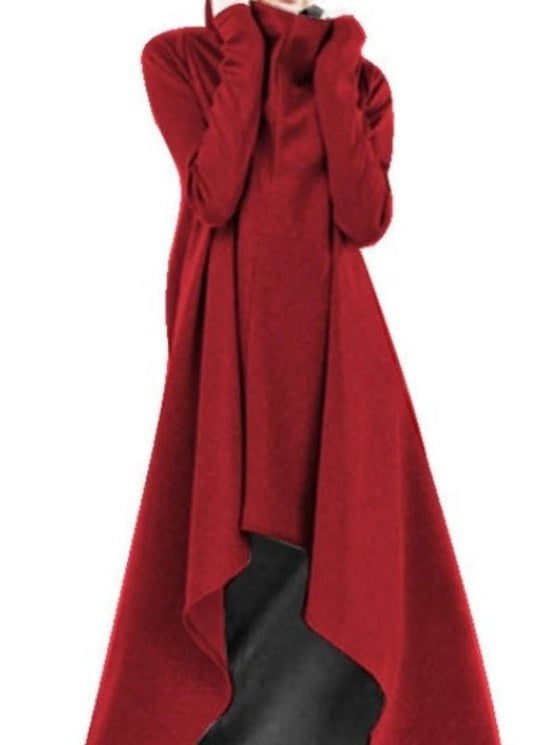 Turtleneck Sweatshirt High Low Long Dress Red Lc0029