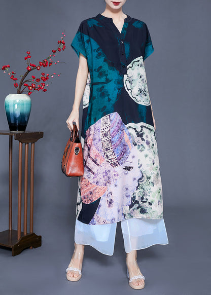 V Neck Original Design Print Silk Long Dress Summer Ly0932