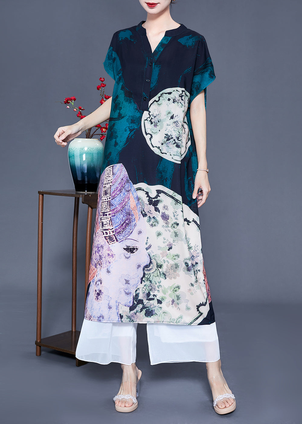 V Neck Original Design Print Silk Long Dress Summer Ly0932