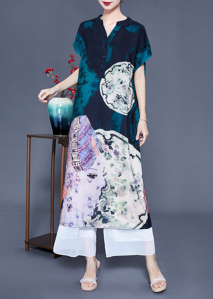 V Neck Original Design Print Silk Long Dress Summer Ly0932
