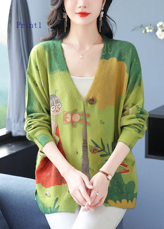 V Neck Print Pockets Woolen Cardigans Spring Tq022