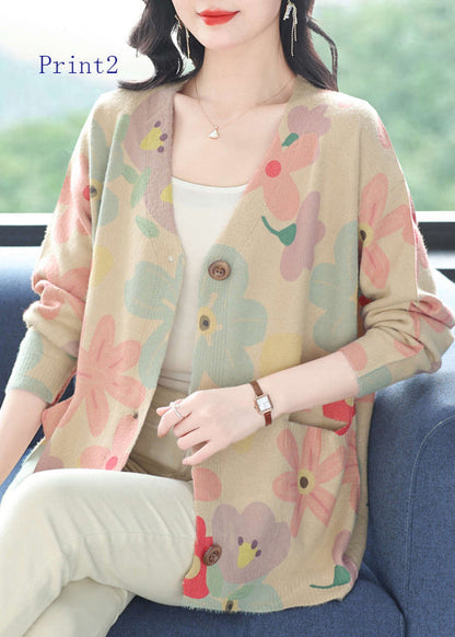 V Neck Print Pockets Woolen Cardigans Spring Tq022