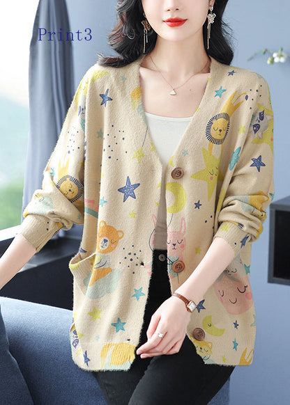 V Neck Print Pockets Woolen Cardigans Spring Tq022