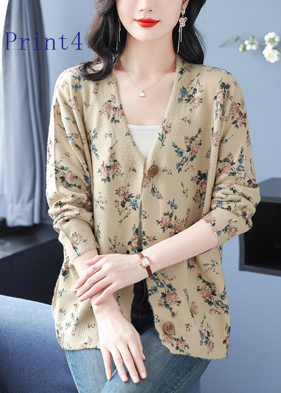V Neck Print Pockets Woolen Cardigans Spring Tq022