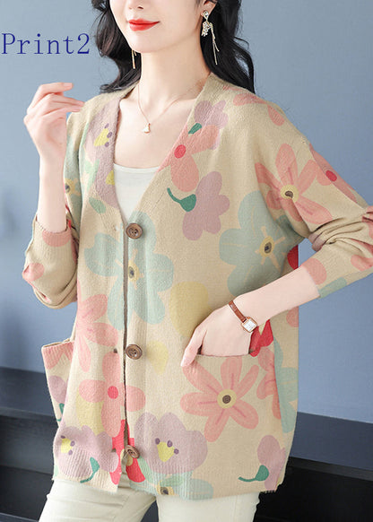 V Neck Print Pockets Woolen Cardigans Spring Tq022