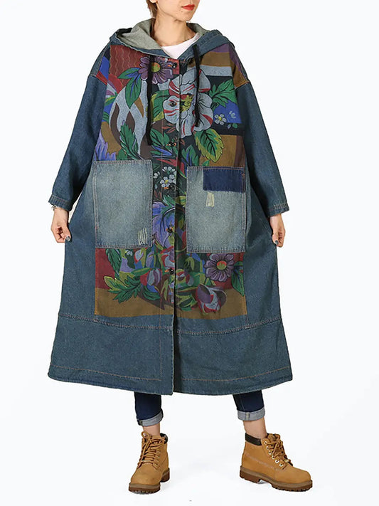 Spliced Deim Hooded Coat