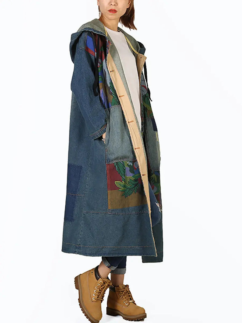 Spliced Deim Hooded Coat