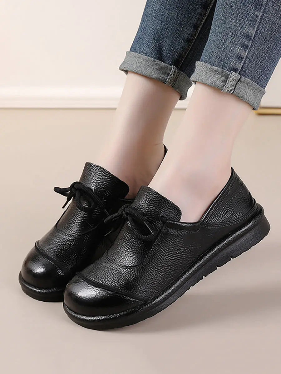 Leather Drawstring Flat Shoes