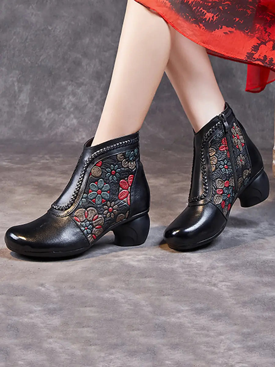 Leather Jacquard Ankle Boots