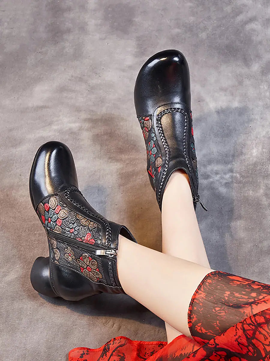 Leather Jacquard Ankle Boots