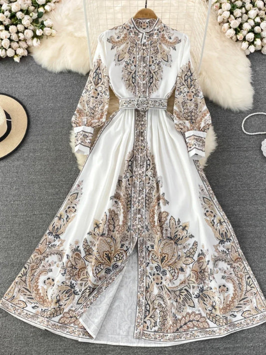 Long Dress Print A-line Ruffled Party Dresses Long Sleeve Long Robe Vestidos
