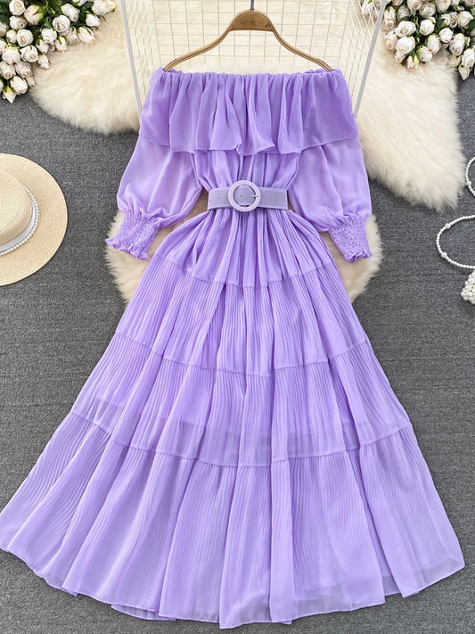 Off Shoulder Dress Chiffon Summer Sweet Lotus Leaf Edge Pleated Dresses Evening Party Long Dress
