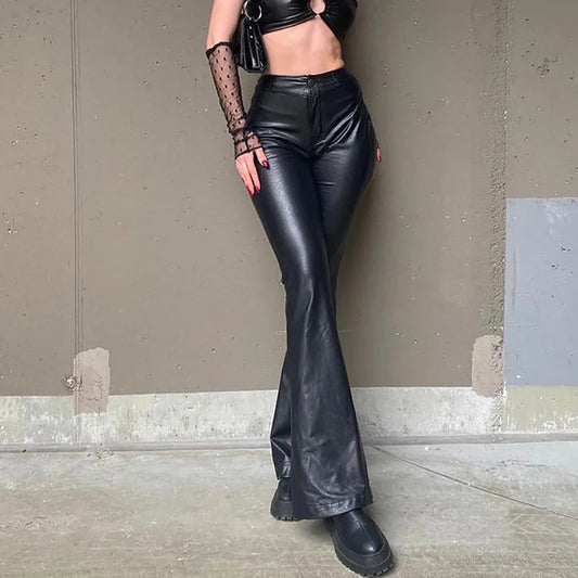 Pu High Waist Stretch Slim Faux Leather Bell-bottoms Bodycon Clubwear Pants